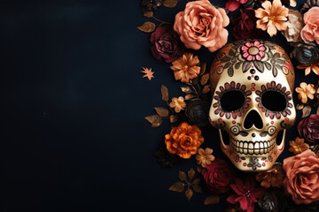 Colorful skulls and flowers over dark background with copy space