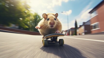 A hamster riding a skateboard down a street. Generative AI. - obrazy, fototapety, plakaty