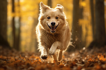 Happy dog running through autumn park or forest