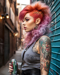 Side portrait of tattooed young woman with long multi colored hair standing in alley