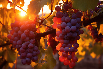 Bunches of grapes hanging on vine at sunset