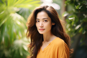 Naklejka premium Beautiful, cheerful Asian young woman in casual clothes outdoors. Portrait of Asian girl wearing yellow dress in park, nature
