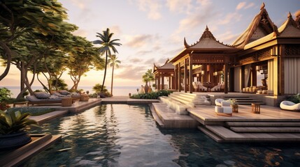 A Bali-inspired luxury beach villa with teak wood accents, ornate statues, and a tranquil koi pond, set against a beach sunset. Leave the bottom open for a logo or slogan. - obrazy, fototapety, plakaty
