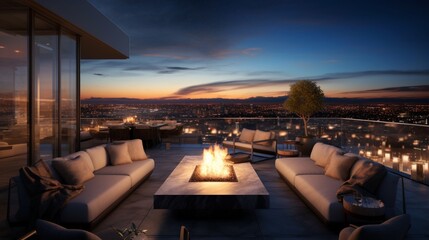 Fototapeta premium A rooftop lounge in a luxury penthouse featuring modern furniture, a fire pit, and a stunning cityscape view through glass railings.