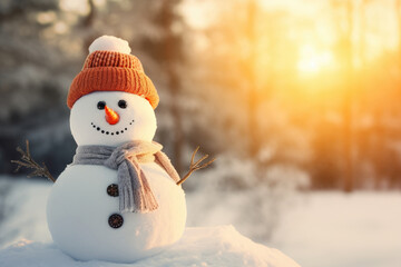 Cheerful little snowman in hat and scarf outdoors on winter day