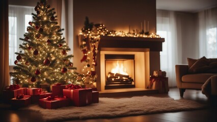 decorative Christmas tree illuminated with lights by the fireplace and gift boxes inside the house