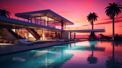 A sleek modern luxury home with a reflective pool capturing the colors of the sunrise. Keep the bottom-right corner open for a logo. - obrazy, fototapety, plakaty