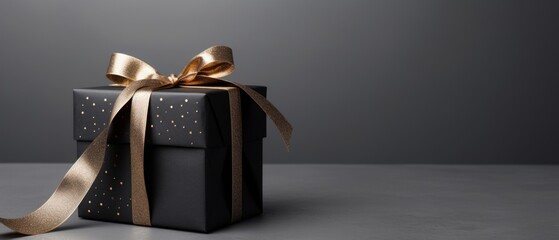 Black gift boxes with golden ribbon bow, black friday shopping sale.