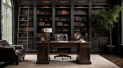 A spacious home office with a mahogany desk and wall-mounted bookshelves. - obrazy, fototapety, plakaty