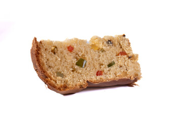 dried fruit panettone slice isolated on white background