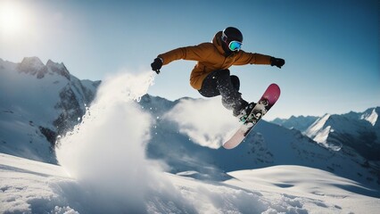 Naklejka na ściany i meble snowboarder jumping from the snowy mountains