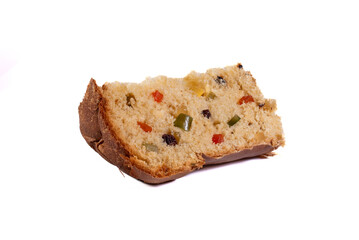 dried fruit panettone slice isolated on white background