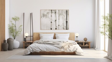 A tranquil, Zen-inspired bedroom with white walls, bamboo accents, and minimalist furniture for a serene atmosphere.