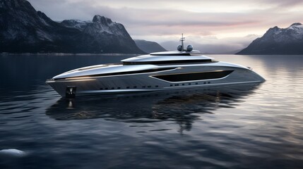 A yacht with a platinum mirage exterior against an isolated background, featuring a subtle shimmer...