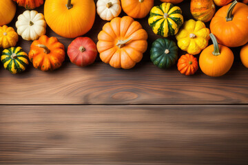 Many colorful decorative pumpkins on wooden table