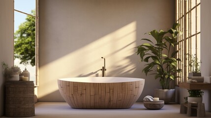 A Zen-inspired bathroom with bamboo accents and a Japanese soaking tub, featuring a blank wall...