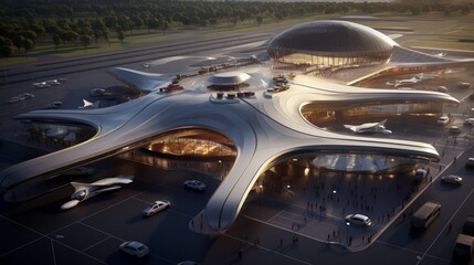 Obraz premium An aerial shot of the airport that showcases its innovative design, surrounded by high-end cars and limousines in the pick-up area.