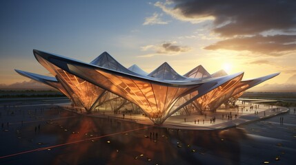 Fototapeta na wymiar An airport covered by a high-tech canopy of solar sails, seamlessly integrating renewable energy with a futuristic design.