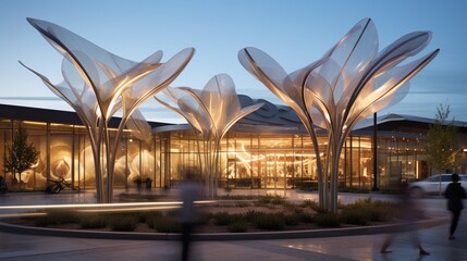 An airport plaza featuring kinetic wind sculptures. The exterior design embraces movement and innovation, with sculptures interacting with the wind and ambient lighting. - obrazy, fototapety, plakaty