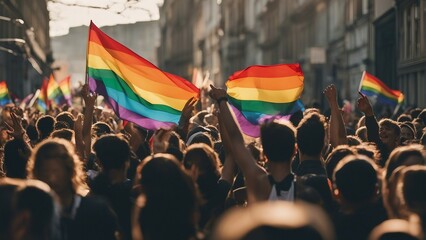 Among the streets, hundreds of people march with LGBTQ flags in the pride parade.  