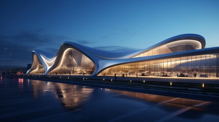 An airport with a cantilevered terminal defying gravity. The exterior's architectural marvel...