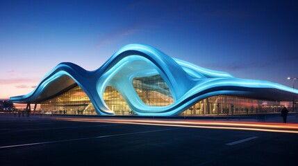 An airport with a luminous wave-inspired exterior. Dynamic LED strips follow terminal contours, creating a stunning visual effect that evolves throughout the day.