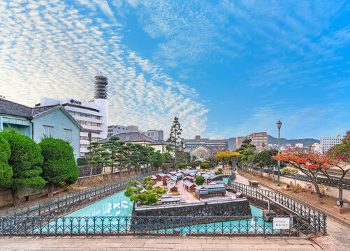 kyushu, japan - dec 14 2022: Outdoor model of the Dejima island known as Tsukishima which was an artificial island off nagasaki serving as trading post for foreigners during the isolationist Edo era.