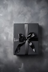 Black friday gift box with a silver ribbon and a bow on a black marble background with copyspase