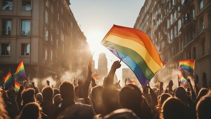 Among the streets, hundreds of people march with LGBTQ flags in the pride parade.


 - obrazy, fototapety, plakaty