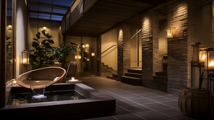 An indoor spa and sauna room featuring a Jacuzzi tub, bamboo accents, and mood lighting to evoke a sense of relaxation. Reserve the bottom-left corner for text.