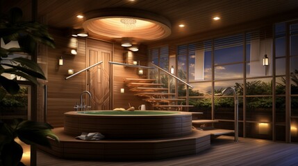 An indoor spa and sauna room featuring a Jacuzzi tub, bamboo accents, and mood lighting to evoke a...