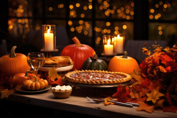 Elegant beautiful dinner table setting with pumpkins and candles for thanksgiving celebration