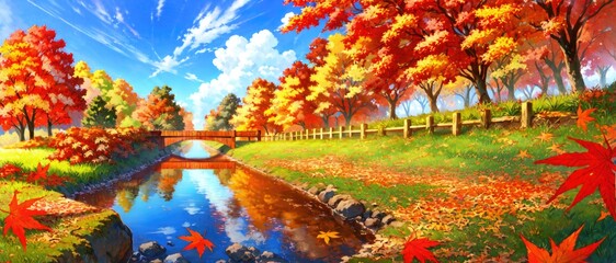 anime style autumn fall river landscape, ai