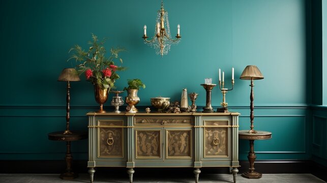 First impressions count! Teal walls paired with antique brass fixtures and decor create an entryway that says, "Welcome to our luxurious abode."