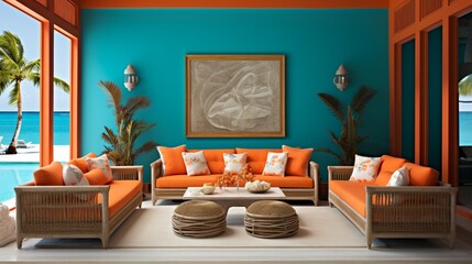Teal walls bring in a touch of the ocean, while coral accents create a striking contrast, offering a tropical yet opulent feel.