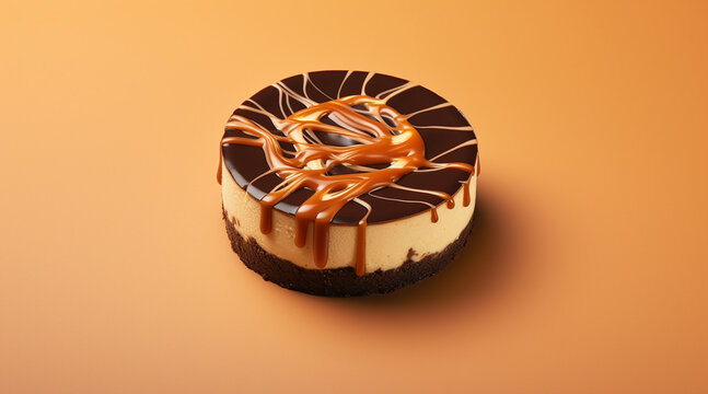 Simple cheesecake topped with thick swirls of chocolate and caramel sauce, top view, light pink background