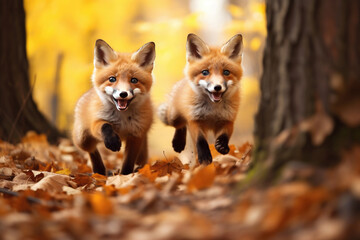 Two little foxes running through autumn park or forest