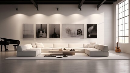 Minimalist lounge featuring smart showcase walls and customizable copy space for digital art.