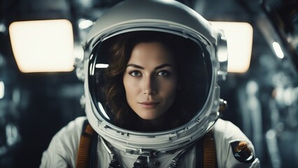 portrait of astronaut woman inside the space shuttle