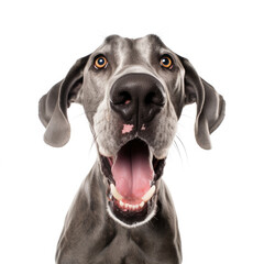 Closeup photo of a big Great Dane dog with an open mouth happy expression. Isolated on white. 