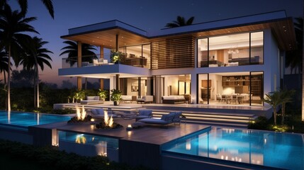 Obraz premium Residence with contemporary design, featuring a luxurious outdoor oasis with smart systems.