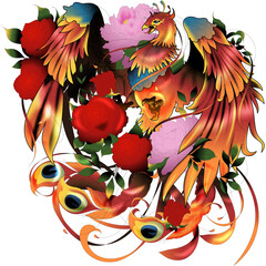 Tattoo Phoenix. Abstract, Color, Gradient, digital drawing of the phoenix bird and roses in transparent background.