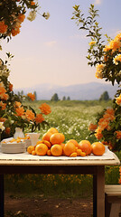 A Stage Set by Nature  Empty Wooden Table With Open Space Against a Lush Backdrop of Orange Trees Ready for Product Display Montage