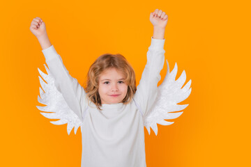 Excited little angel, amazed kids. Child angel. Portrait of cute kid with angel wings isolated on...