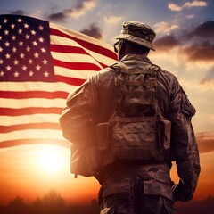 Veteran day background. A soldier standing in front of a flag, the waving symbol reflecting his pride and dedication. Back view. Concept National holidays , Flag Day, Veterans Day, Memorial Day