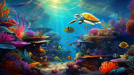 Fototapeta na wymiar Serene and colorful underwater scene with vibrant coral reefs and exotic fish.