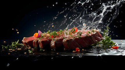 Embark on an epicurean adventure, capturing the dynamic interplay of a steak in motion. Revel in the choreography of splashes, seasoned with suspended salt crystals. Utilize high-speed photography to 