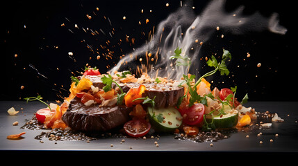 Embark on an epicurean adventure, capturing the dynamic interplay of a steak in motion. Revel in the choreography of splashes, seasoned with suspended salt crystals. Generative AI