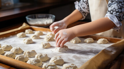 Generative AI, a small child makes cookies, pie, pies from dough, hands of a boy or girl, kitchen, cooking, baking, flour, table, kid, pizza, gingerbread, childhood, baby, toddler, still life, home
