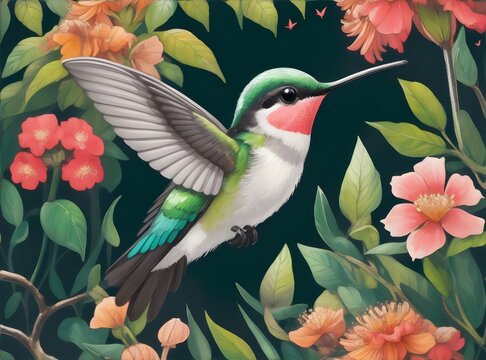 A cute hummingbird in a beautiful forest with fungus and flowers – illustration. Generative AI